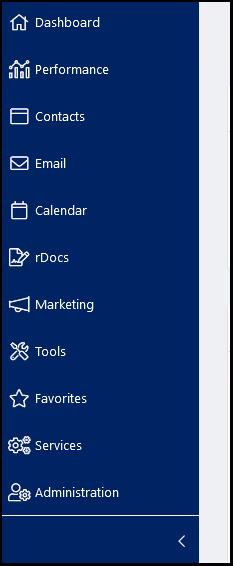 The collapsed and expanded views of the Constellation1 CRM navigation menus, starting with Dashboard and ending with Administration.
