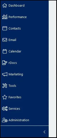 The collapsed and expanded views of the Constellation1 CRM navigation menus, starting with Dashboard and ending with Administration.
