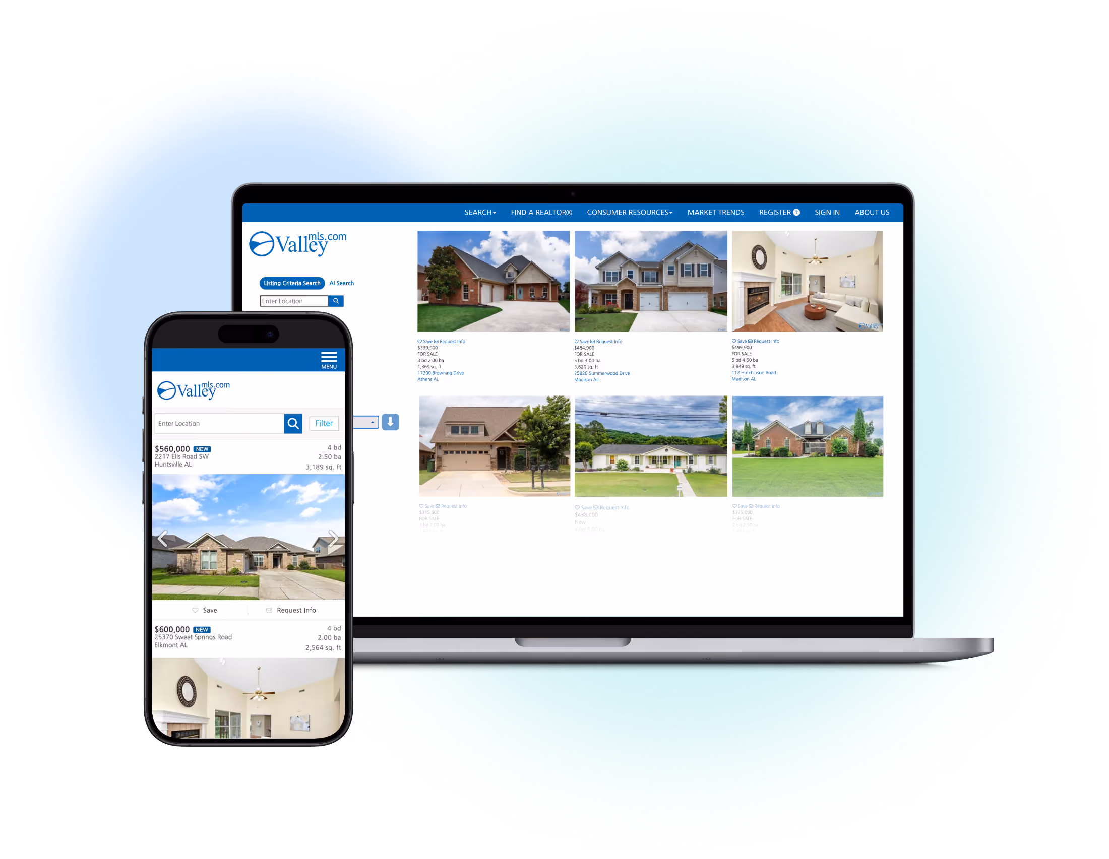 Constellation1 MLS and Association consumer portal preview shown on laptop and mobile screens