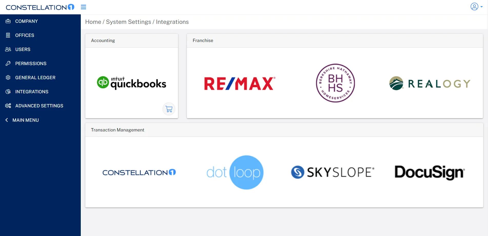 Screenshot of Constellation1 Commissions integrations, including QuickBooks online, for seamless communication between apps