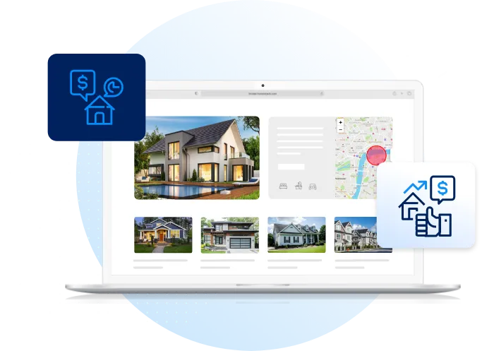 Graphic of a real estate website with homes for sale