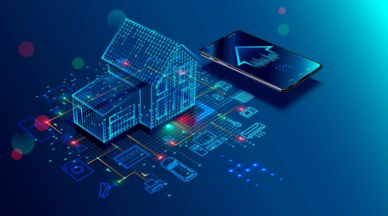 A digital illustration of a circuit board where electric green and blue data are jumping off the circuit board in the shape a house. To the right of the house is a smartphone with an arrow pointing to the top left.