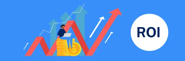 Graphic illustration of a character sitting on money with arrows indicating growth, and a wheel that reads ROI.