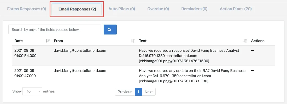 A four-column table with six tabs at the top for emails received within the Constellation1 Relocation software. The selected Email Responses tab filters messages by recipient and example messages are displayed in the table. 
