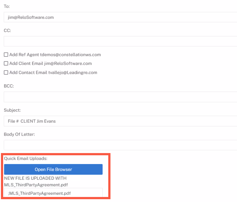 A Quick Email form inside Constellation1 Relocation with a red callout in the bottom left corner showing where users can click a blue button to browse files on their computer to attach them to the message. 