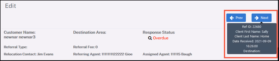 The Client Record section of Constellation1 Relocation with a red callout over the newly added Previous and Next buttons with an example of the bubble showing the Next client record you can navigate to.