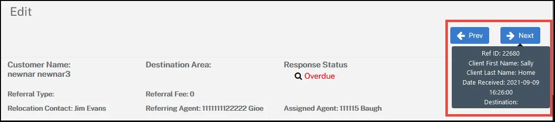 The Client Record section of Constellation1 Relocation with a red callout over the newly added Previous and Next buttons with an example of the bubble showing the Next client record you can navigate to.