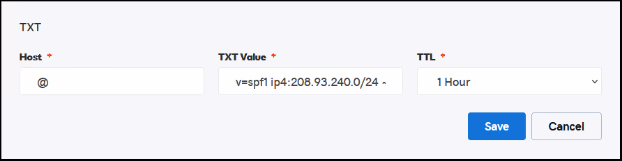 Field for saving a Text file with an SPF record to a web domain that will allow Constellation1 to send emails from that domain on customers’ behalf. There are three fields with values and Save and Cancel buttons at the bottom right.
