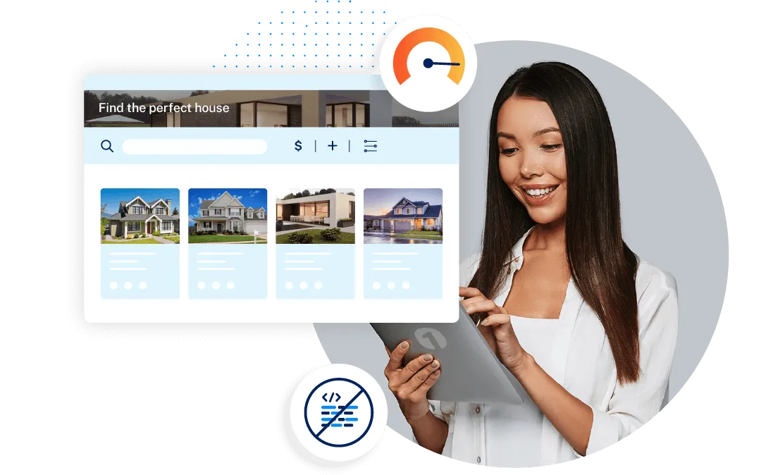 Young broker smiles, happy with the ease of use of her new real estate software.