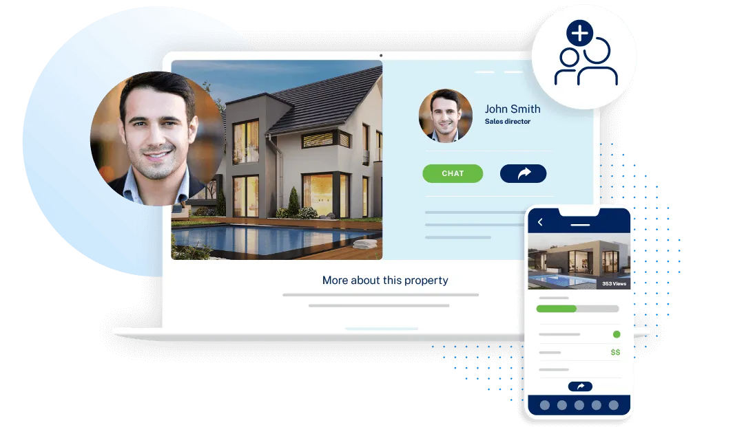 Graphic showing real estate website platform and a happy agent