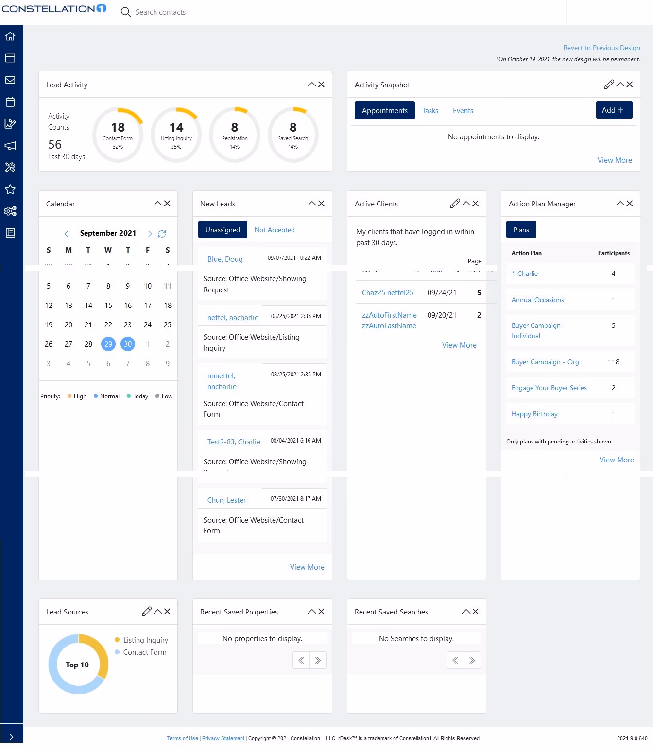 The Constellation CRM dashboard layout, showing various widgets users can customize and rearrange according to their preferences