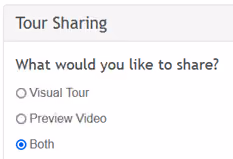Tour Sharing settings where agents and brokers can decide what types of video content they want to share: Visual Tours, Preview Videos, or both (the radio button for “Both” is selected).