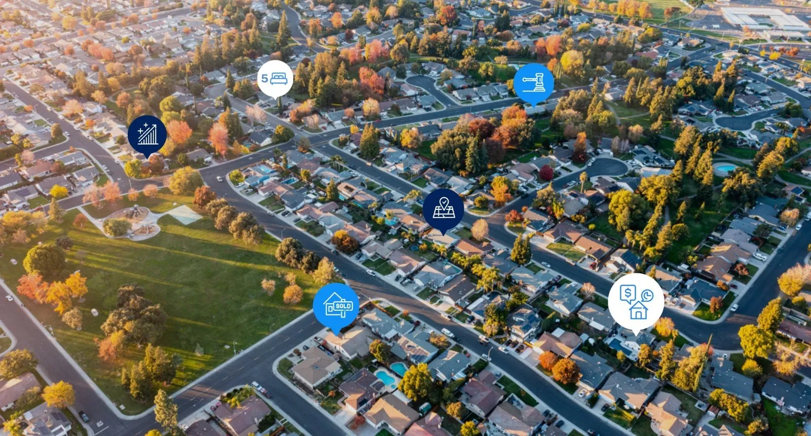 Aerial view at dusk of a suburban neighborhood crisscrossed by gray streets, with 5 colorful overlays illustrating data points about houses for sale.