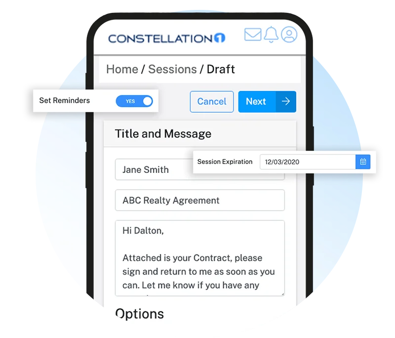 Constellation1 CRM message workflow shown on a mobile interface